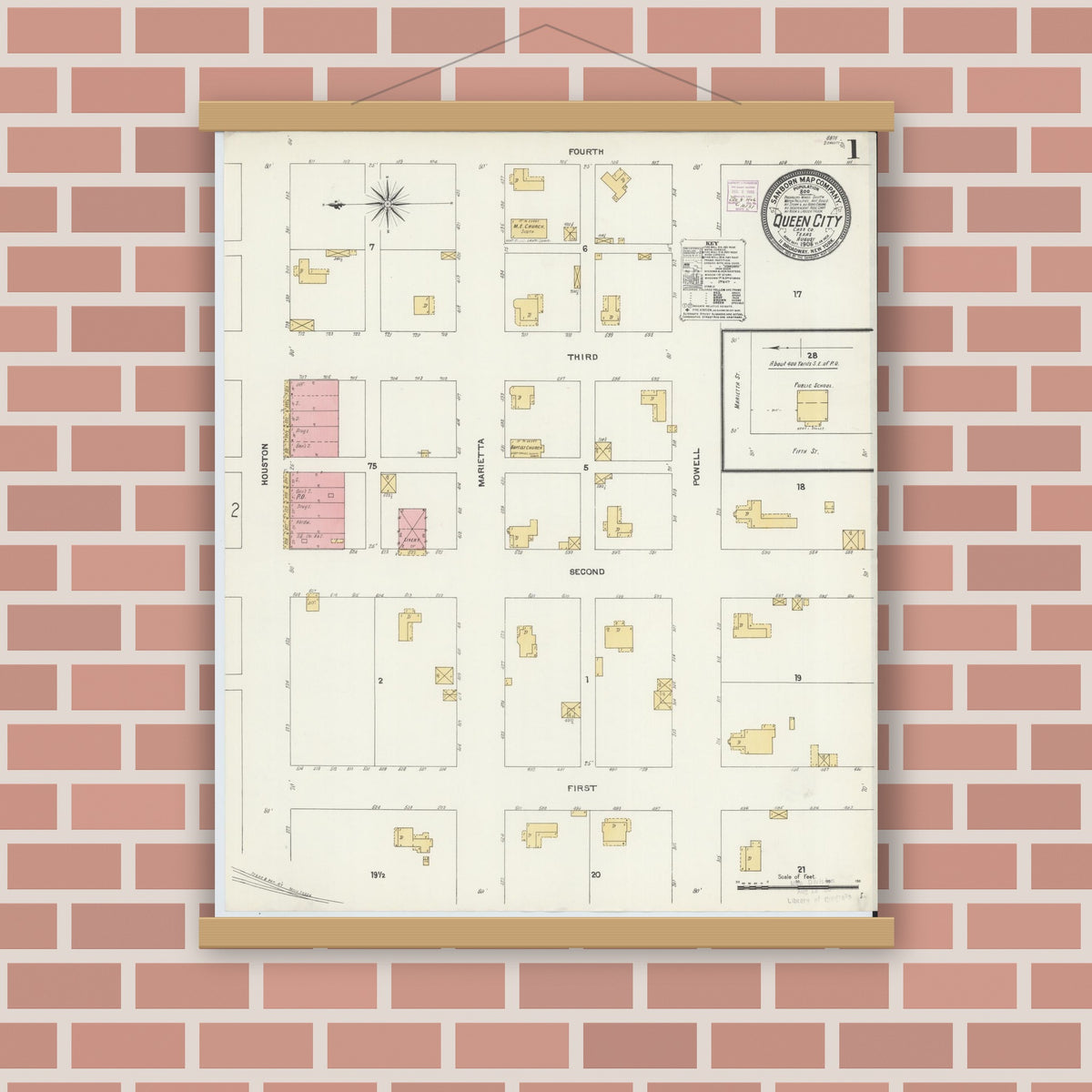 Old map wall art mockup — magnetic wood frame on brick wall — Sanborn Fire Insurance Map from Queen City, Cass County, Texas (1906), Sheet #0001