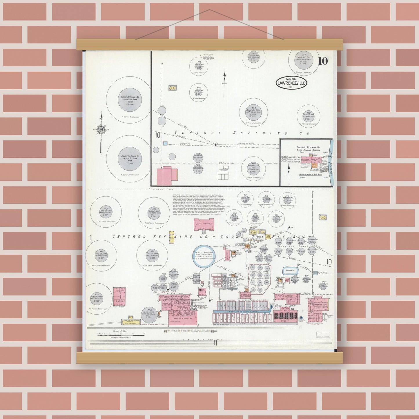 Old map wall art mockup — magnetic wood frame on brick wall — Sanborn Fire Insurance Map from Lawrenceville, Lawrence County, Illinois (1918), Sheet #0010