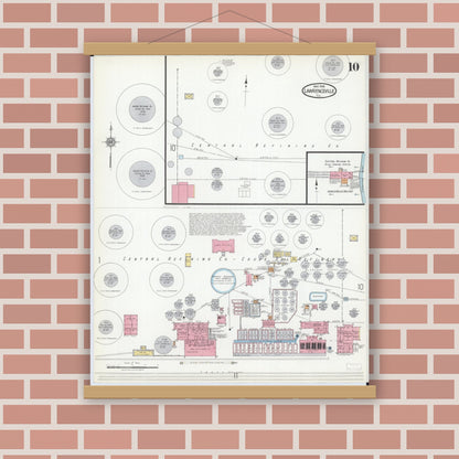 Old map wall art mockup — magnetic wood frame on brick wall — Sanborn Fire Insurance Map from Lawrenceville, Lawrence County, Illinois (1918), Sheet #0010