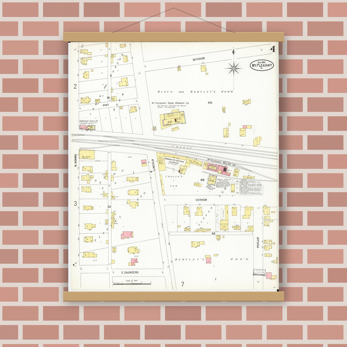 Old map wall art mockup — magnetic wood frame on brick wall — Sanborn Fire Insurance Map from Mount Pleasant, Henry County, Iowa (1899), Sheet #0004