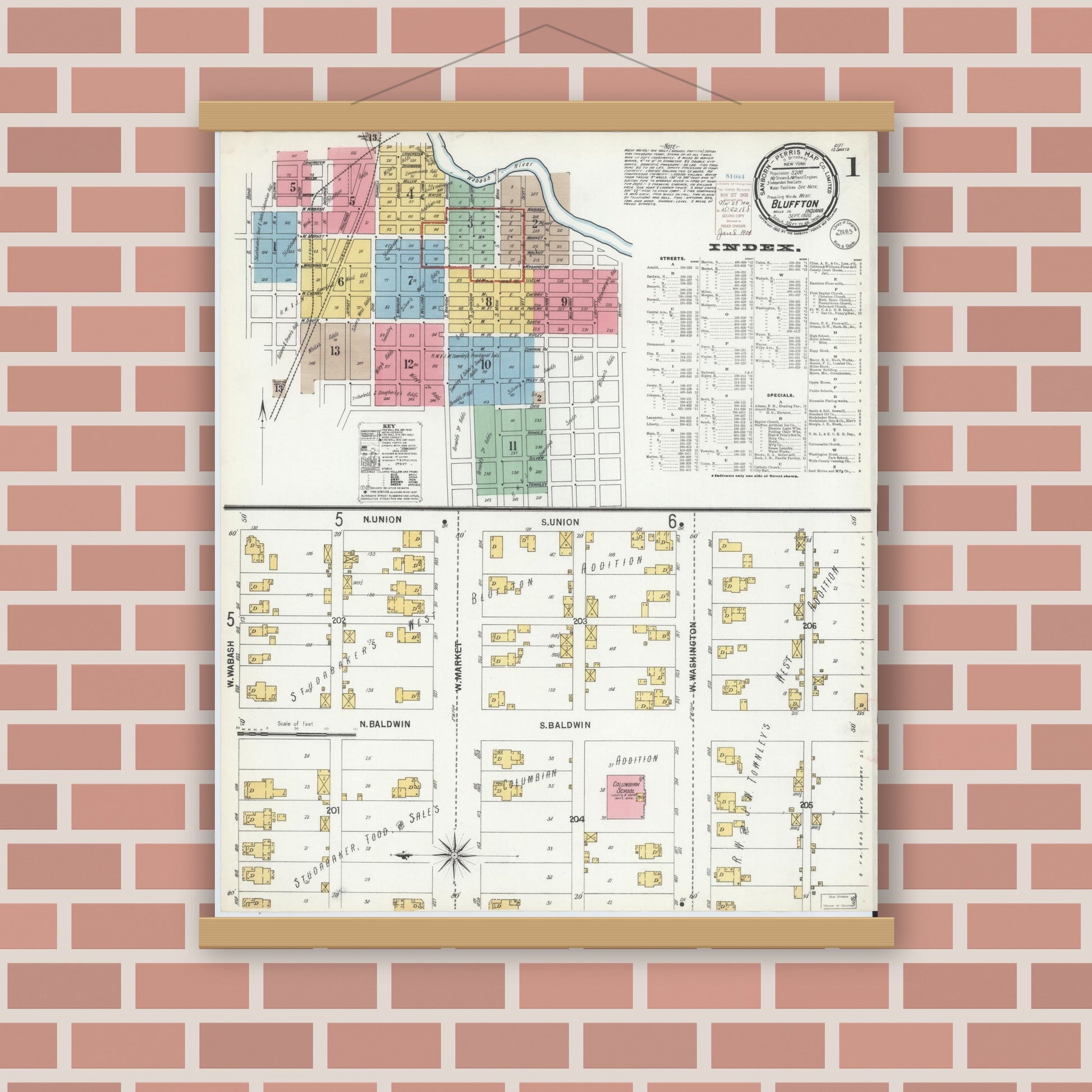 Old map wall art mockup — magnetic wood frame on brick wall — Sanborn Fire Insurance Map from Bluffton, Wells County, Indiana (1900) - Complete Map Set