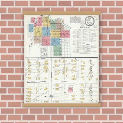 Old map wall art mockup — magnetic wood frame on brick wall — Sanborn Fire Insurance Map from Bluffton, Wells County, Indiana (1900) - Complete Map Set
