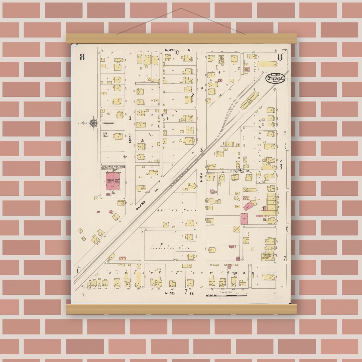 Old map wall art mockup — magnetic wood frame on brick wall — Sanborn Fire Insurance Map from Byesville, Guernsey County, Ohio (1922), Sheet #0008