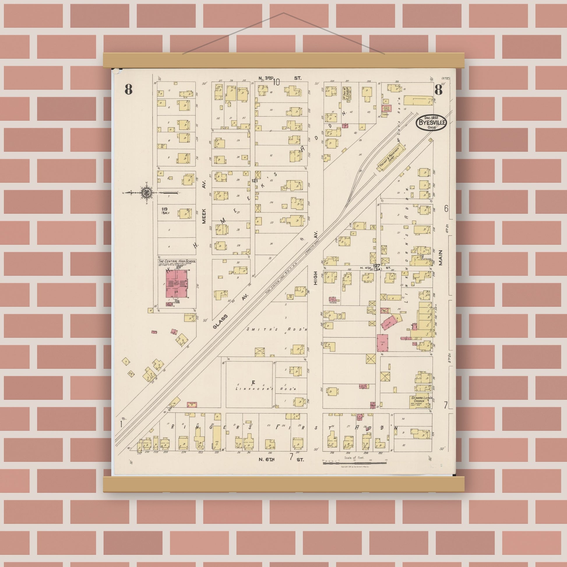 Old map wall art mockup — magnetic wood frame on brick wall — Sanborn Fire Insurance Map from Byesville, Guernsey County, Ohio (1922), Sheet #0008
