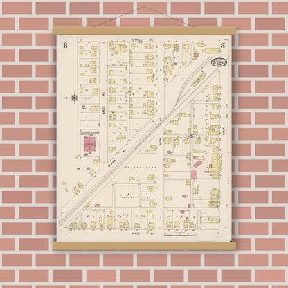 Old map wall art mockup — magnetic wood frame on brick wall — Sanborn Fire Insurance Map from Byesville, Guernsey County, Ohio (1922), Sheet #0008