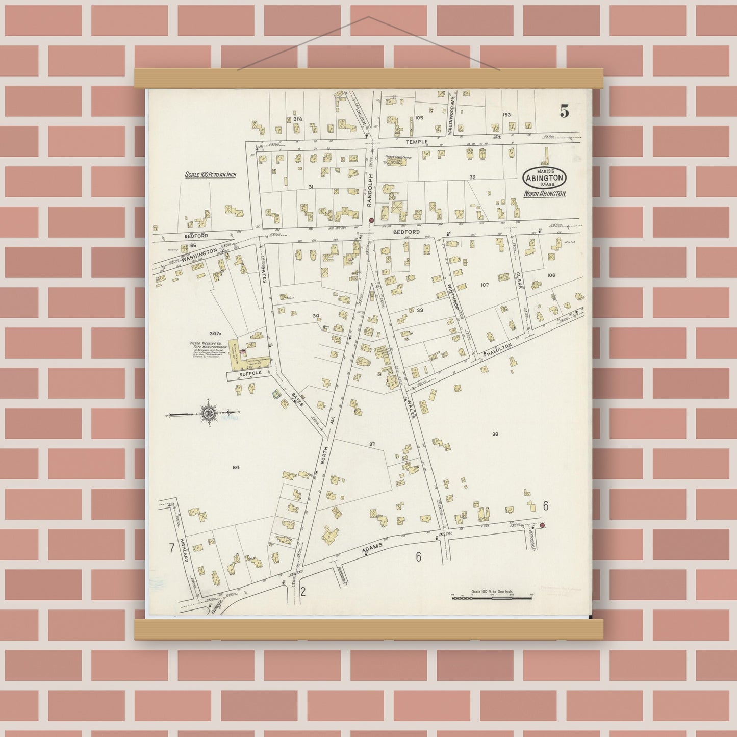 Old map wall art mockup — magnetic wood frame on brick wall — Sanborn Fire Insurance Map from Abington, Plymouth County, Massachusetts (1915), Sheet #0005