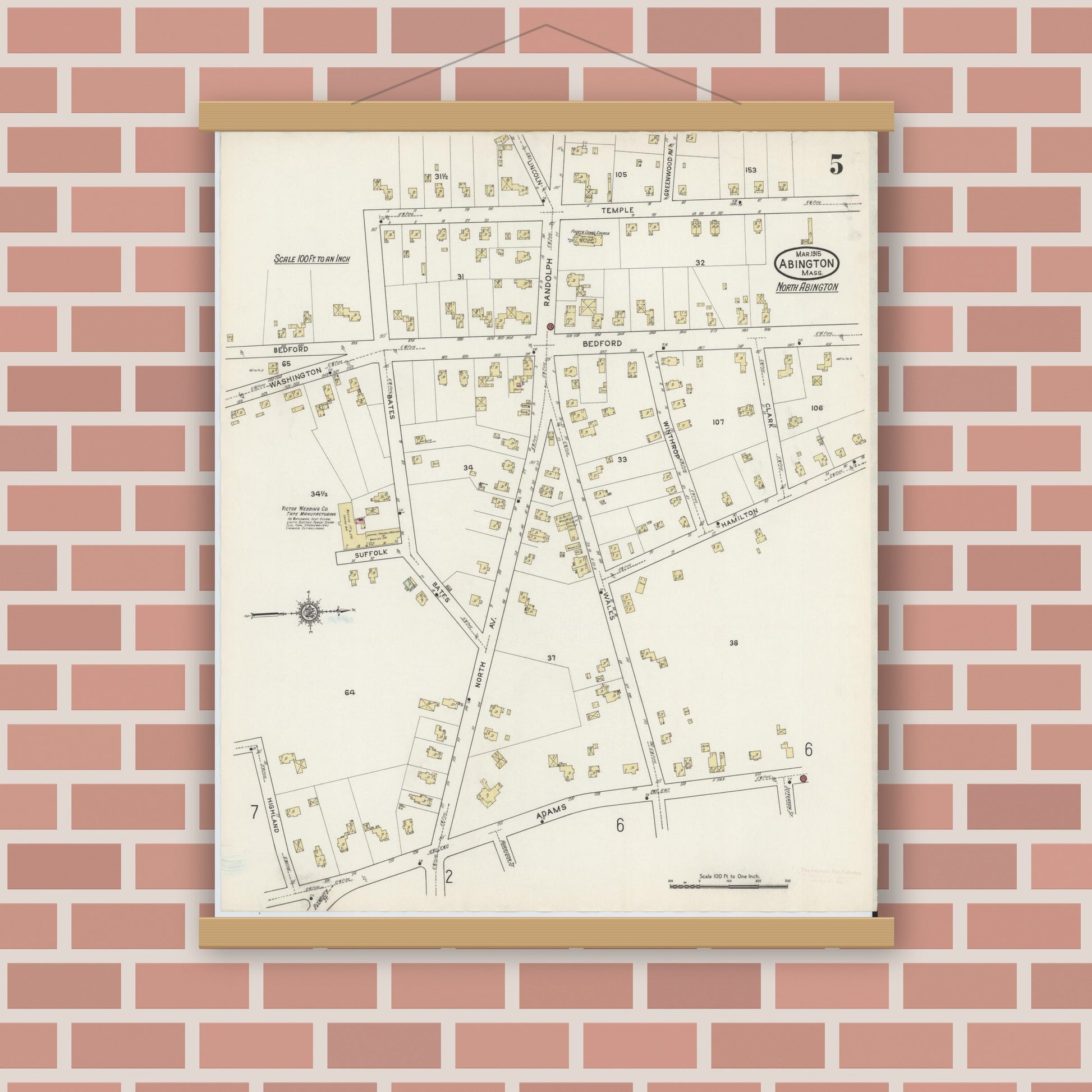 Old map wall art mockup — magnetic wood frame on brick wall — Sanborn Fire Insurance Map from Abington, Plymouth County, Massachusetts (1915), Sheet #0005