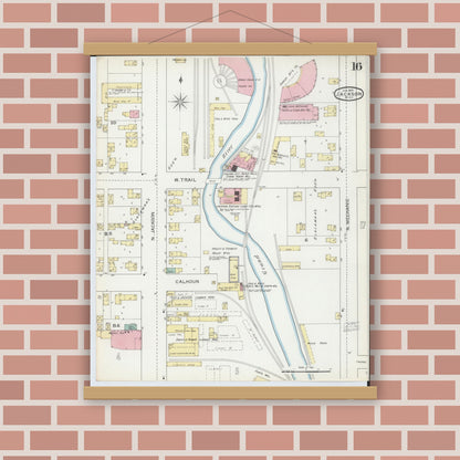 Old map wall art mockup — magnetic wood frame on brick wall — Sanborn Fire Insurance Map from Jackson, Jackson County, Michigan (1893), Sheet #0016