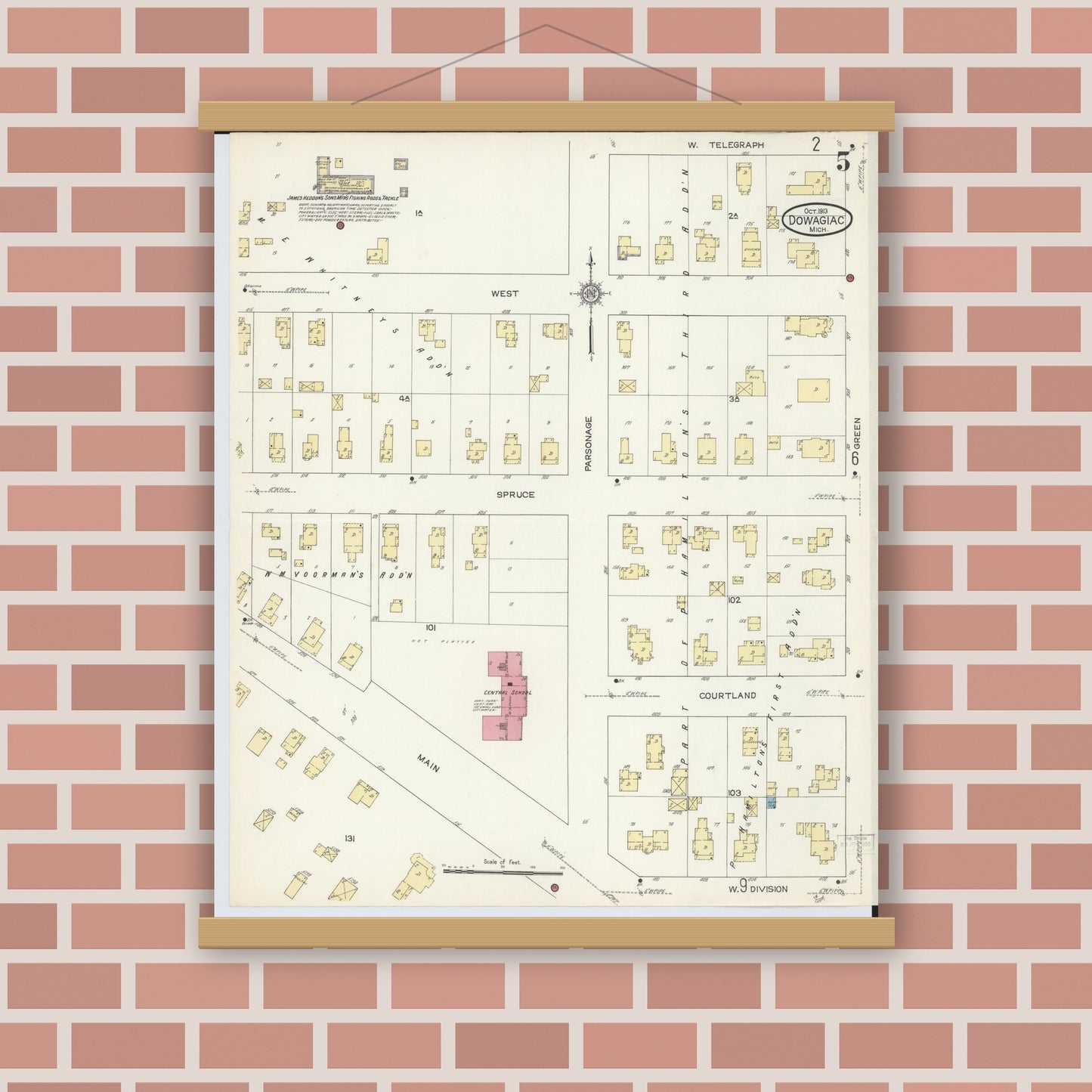 Old map wall art mockup — magnetic wood frame on brick wall — Sanborn Fire Insurance Map from Dowagiac, Cass County, Michigan (1913), Sheet #0005