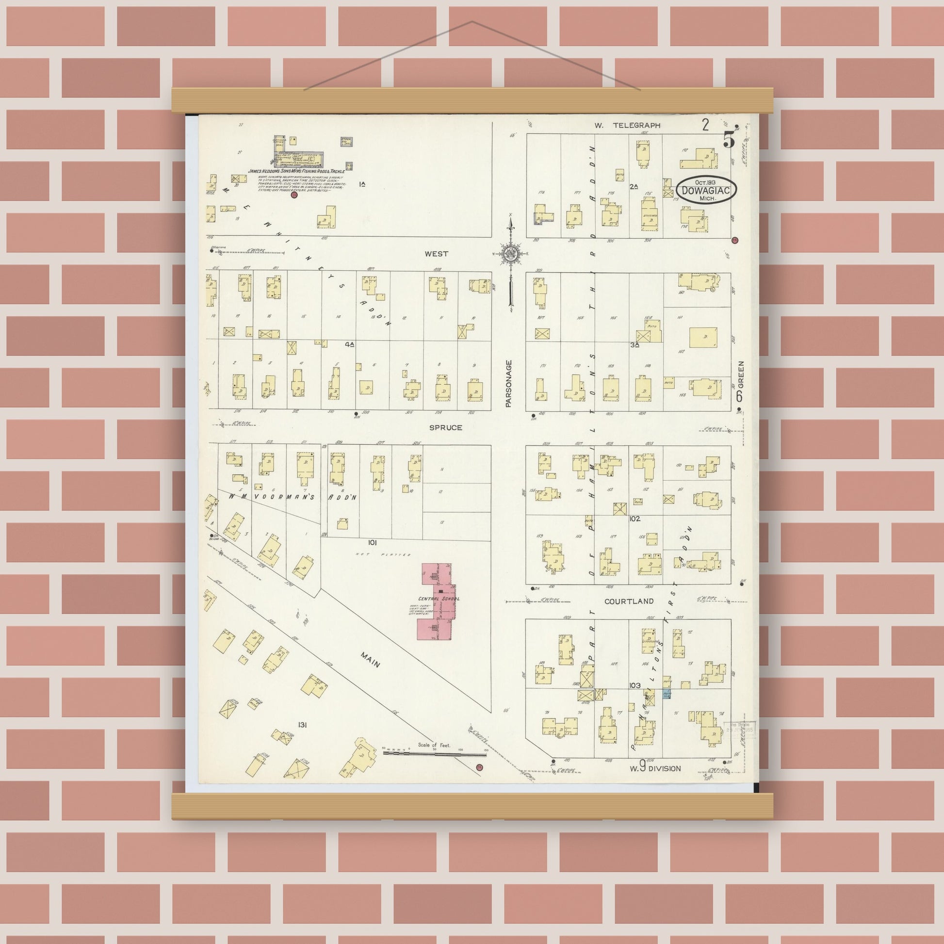 Old map wall art mockup — magnetic wood frame on brick wall — Sanborn Fire Insurance Map from Dowagiac, Cass County, Michigan (1913), Sheet #0005