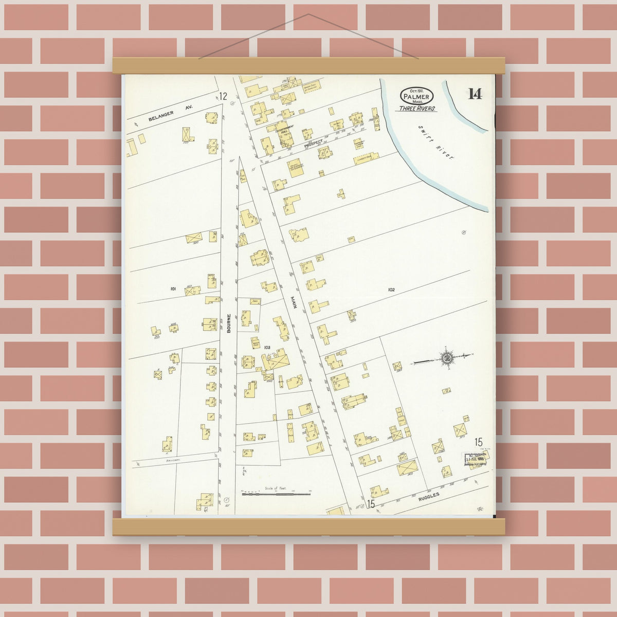 Old map wall art mockup — magnetic wood frame on brick wall — Sanborn Fire Insurance Map from Palmer, Hampden County, Massachusetts (1911), Sheet #0014