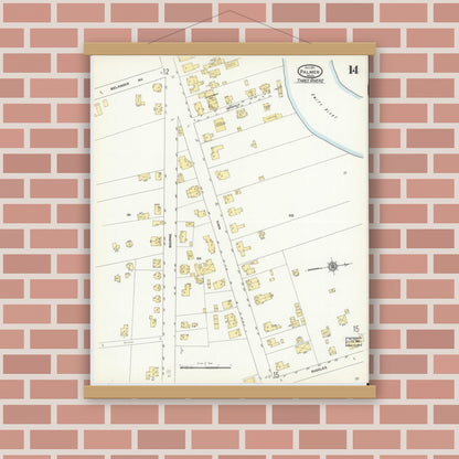Old map wall art mockup — magnetic wood frame on brick wall — Sanborn Fire Insurance Map from Palmer, Hampden County, Massachusetts (1911), Sheet #0014