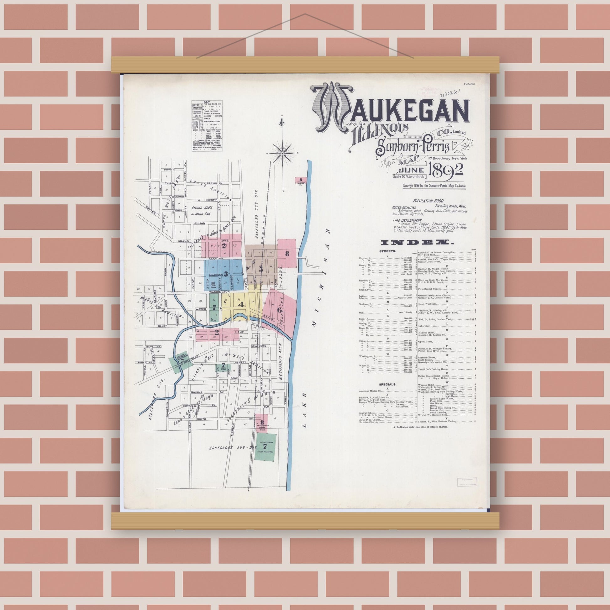 Old map wall art mockup — magnetic wood frame on brick wall — Sanborn Fire Insurance Map from Waukegan, Lake County, Illinois (1892), Sheet #0001