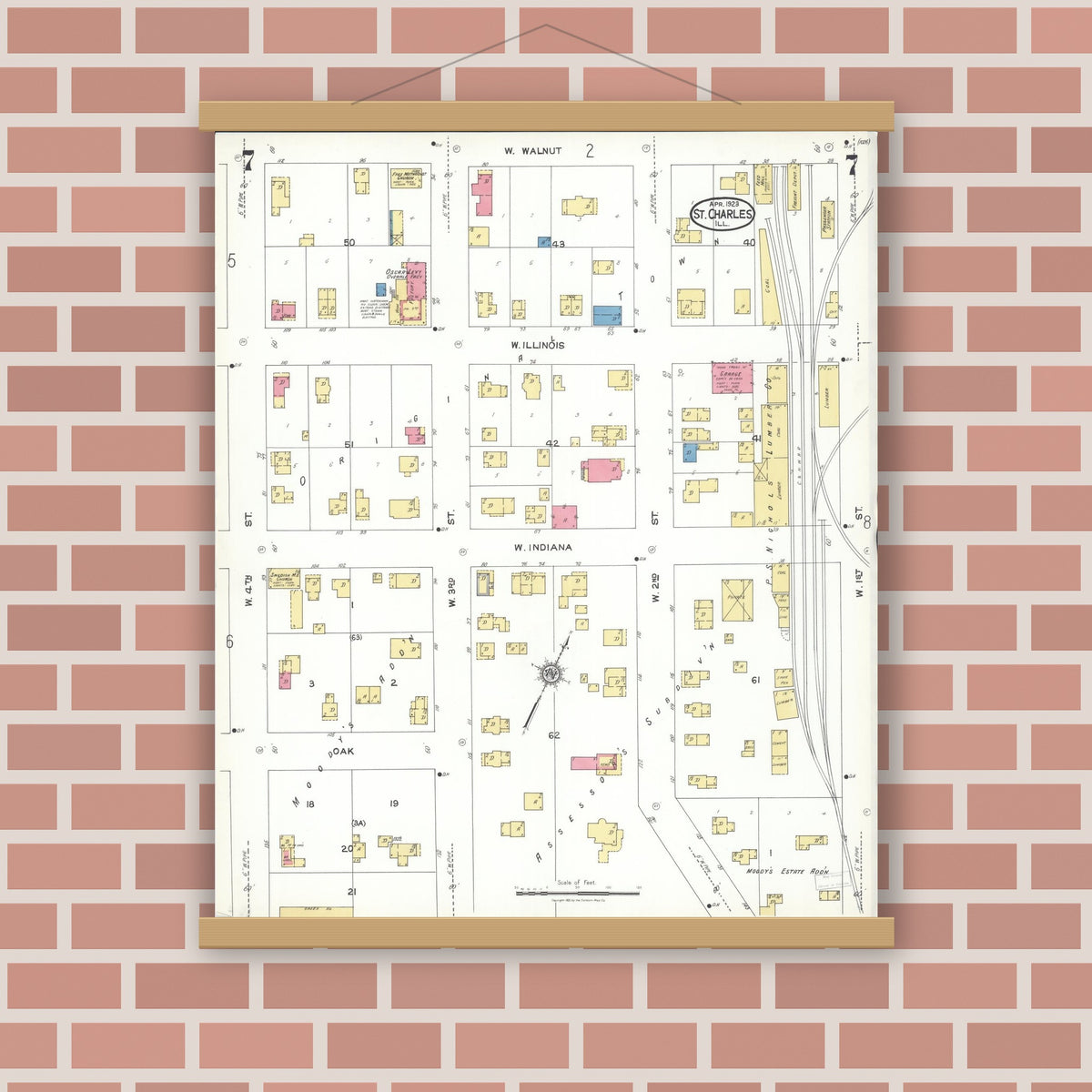 Old map wall art mockup — magnetic wood frame on brick wall — Sanborn Fire Insurance Map from Saint Charles, Kane County, Illinois (1923), Sheet #0007