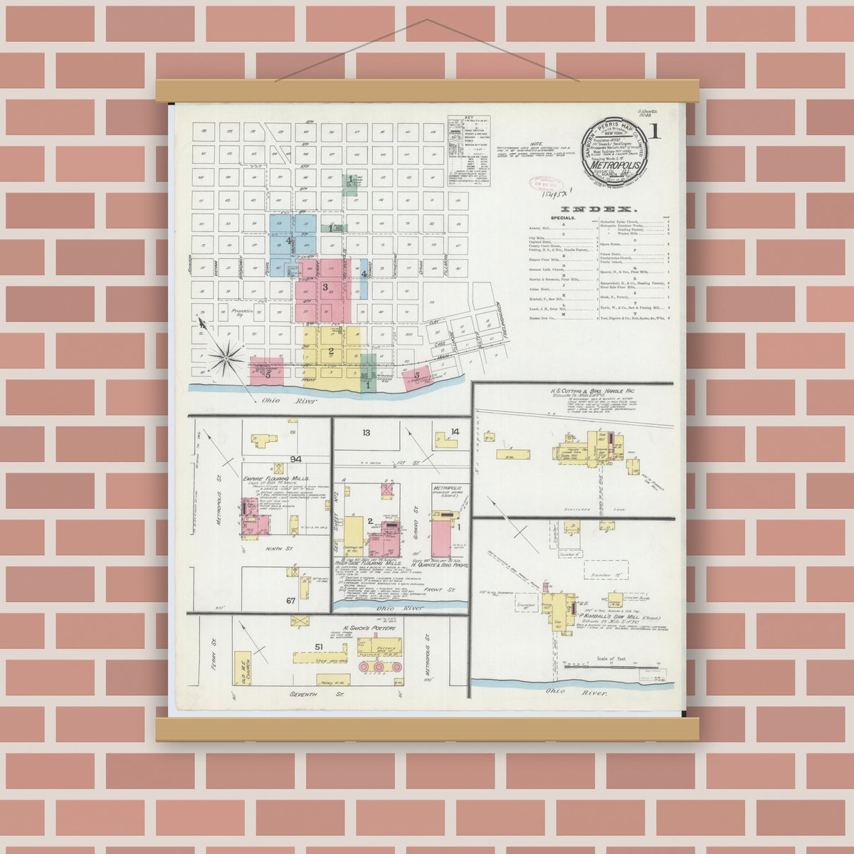 Old map wall art mockup — magnetic wood frame on brick wall — Sanborn Fire Insurance Map from Metropolis, Massac County, Illinois (1892) - Complete Map Set