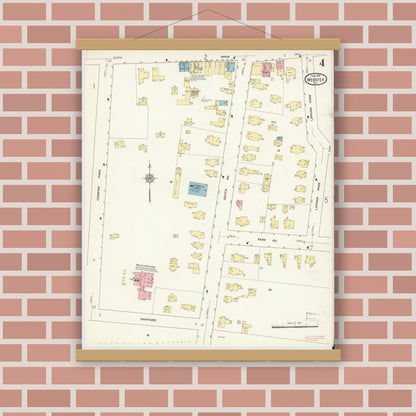 Old map wall art mockup — magnetic wood frame on brick wall — Sanborn Fire Insurance Map from Webster, Monroe County, New York (1912), Sheet #0004