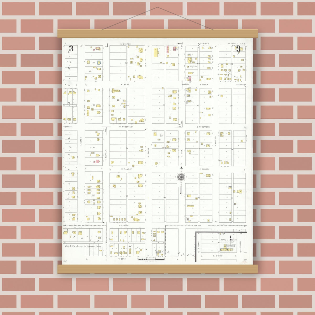 Old map wall art mockup — magnetic wood frame on brick wall — Sanborn Fire Insurance Map from Seminole, Gaines County, Texas (1941), Sheet #0003