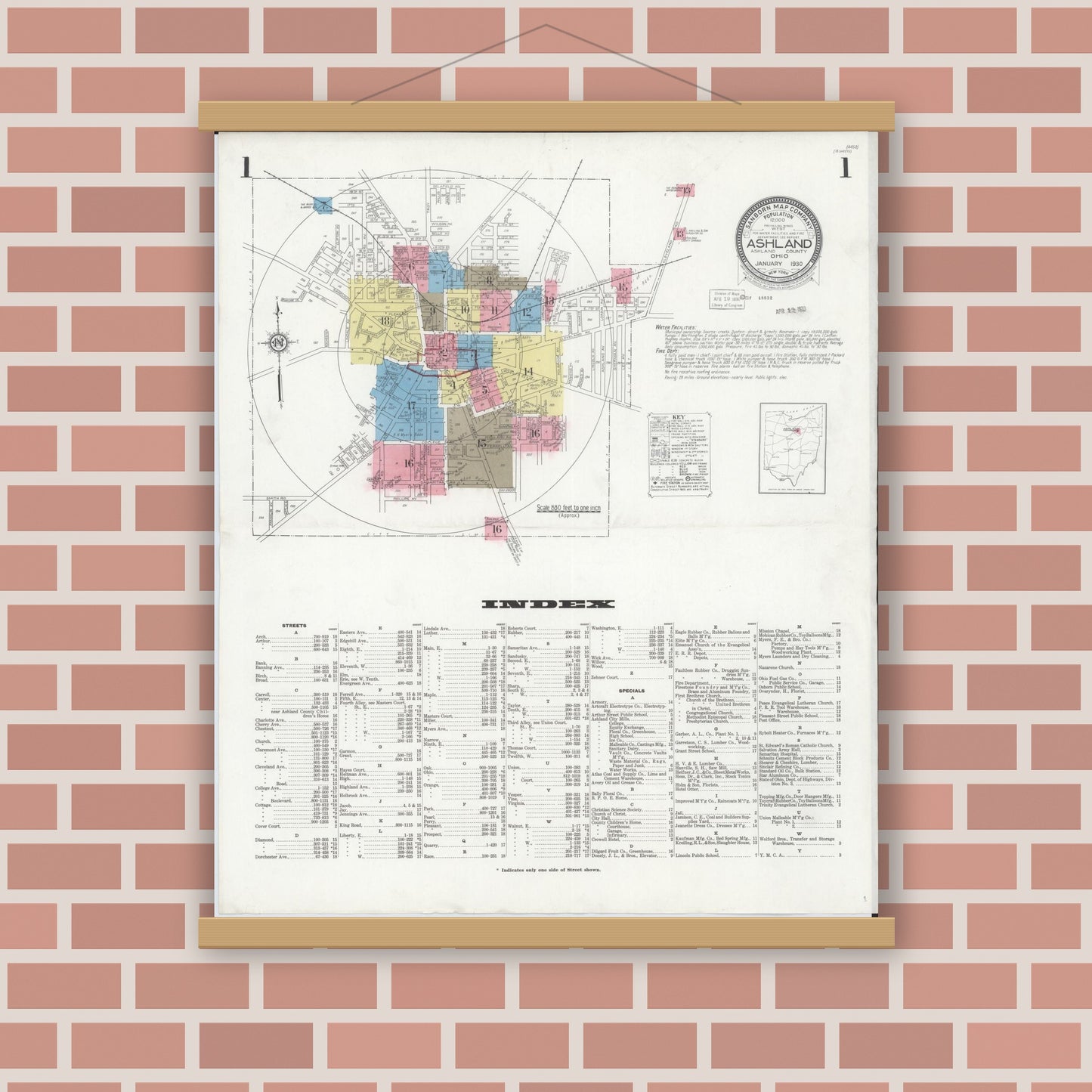 Old map wall art mockup — magnetic wood frame on brick wall — Sanborn Fire Insurance Map from Ashland, Ashland County, Ohio (1930), Sheet #0001