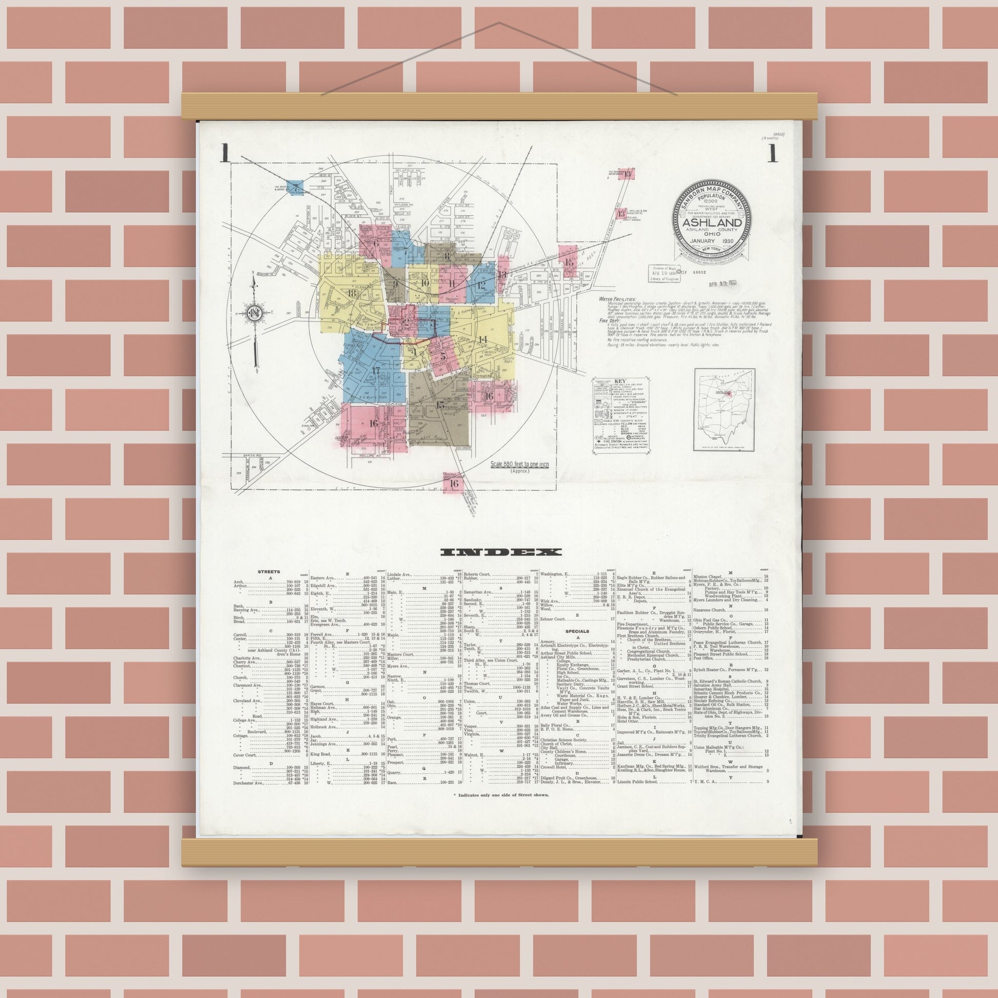 Old map wall art mockup — magnetic wood frame on brick wall — Sanborn Fire Insurance Map from Ashland, Ashland County, Ohio (1930), Sheet #0001