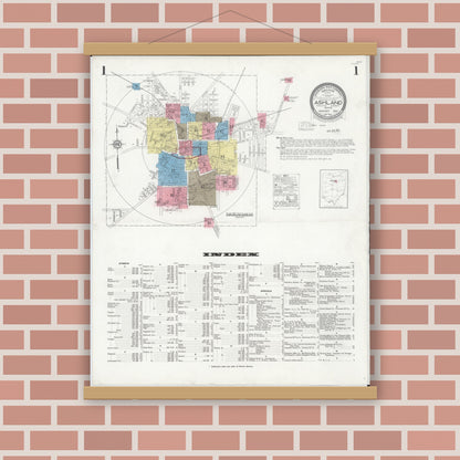 Old map wall art mockup — magnetic wood frame on brick wall — Sanborn Fire Insurance Map from Ashland, Ashland County, Ohio (1930), Sheet #0001
