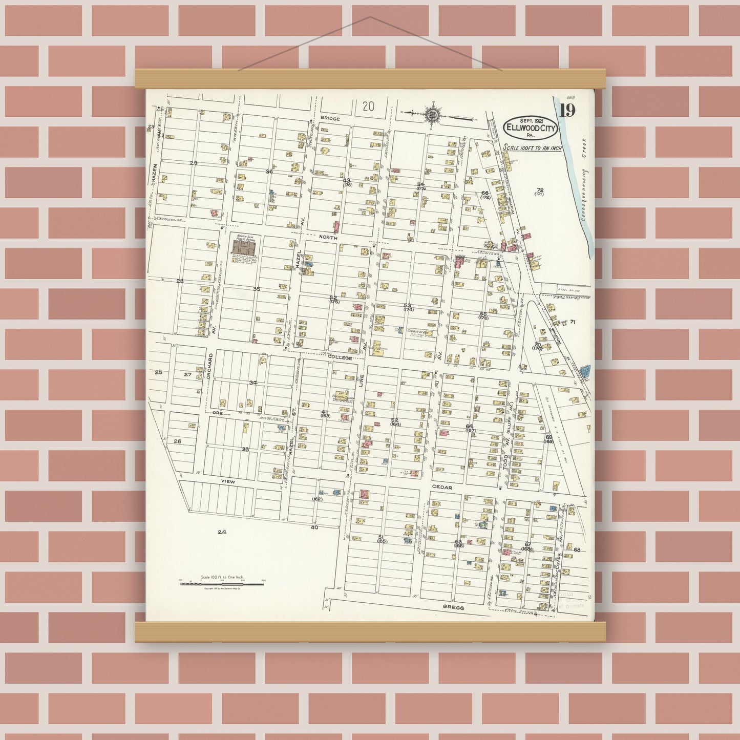 Old map wall art mockup — magnetic wood frame on brick wall — Sanborn Fire Insurance Map from Ellwood City, Lawrence County, Pennsylvania (1921), Sheet #0019