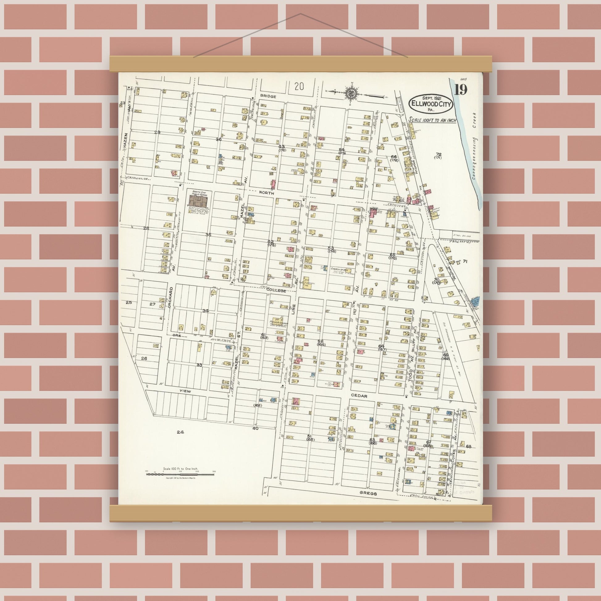 Old map wall art mockup — magnetic wood frame on brick wall — Sanborn Fire Insurance Map from Ellwood City, Lawrence County, Pennsylvania (1921), Sheet #0019