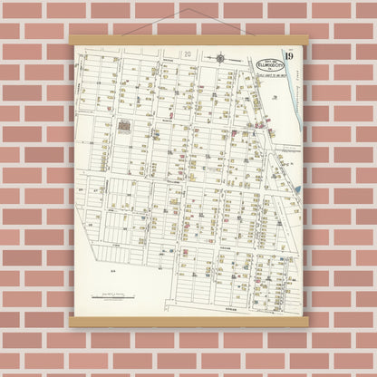 Old map wall art mockup — magnetic wood frame on brick wall — Sanborn Fire Insurance Map from Ellwood City, Lawrence County, Pennsylvania (1921), Sheet #0019