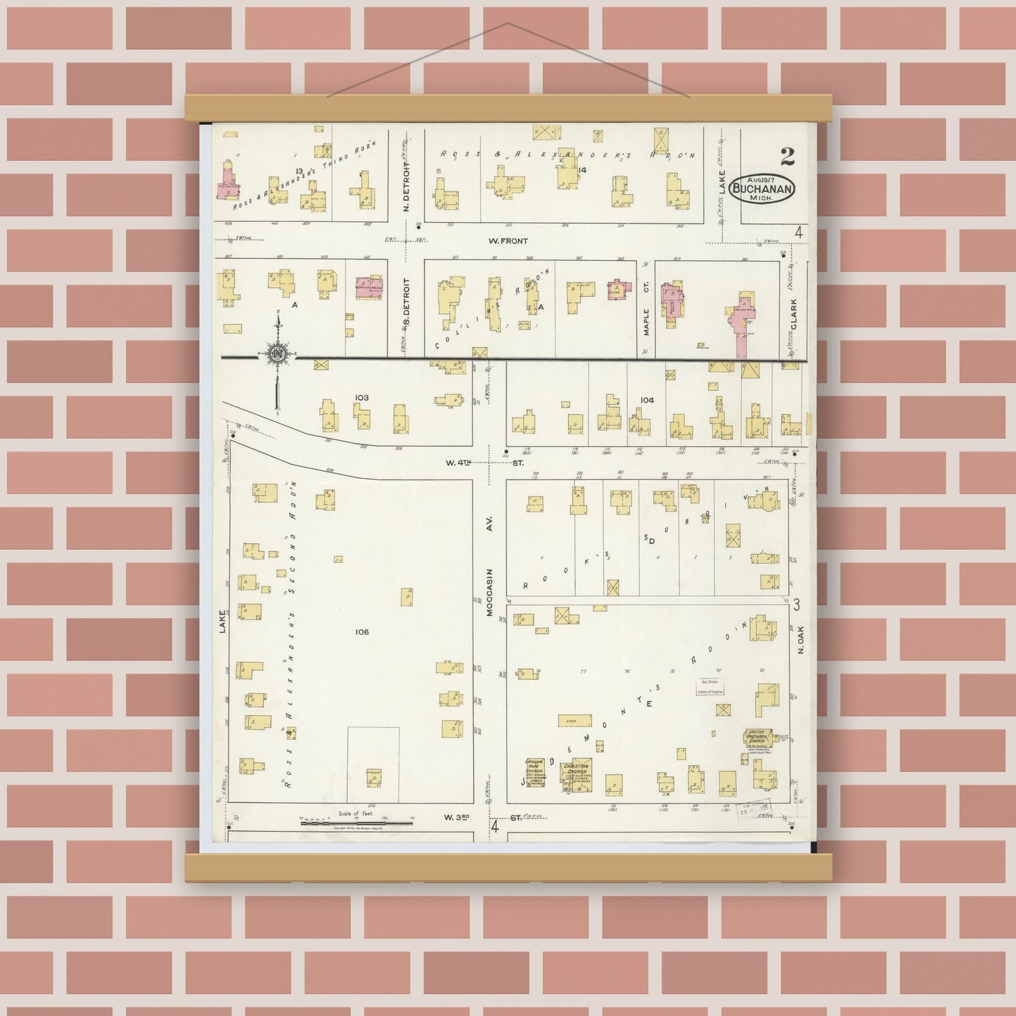 Old map wall art mockup — magnetic wood frame on brick wall — Sanborn Fire Insurance Map from Buchanan, Berrien County, Michigan (1917), Sheet #0002