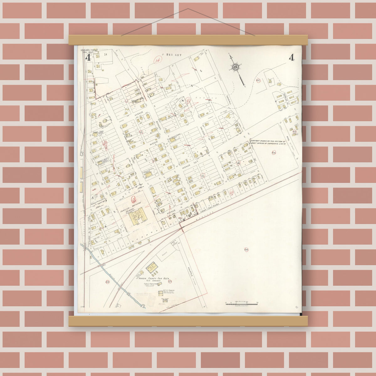 Old map wall art mockup — magnetic wood frame on brick wall — Sanborn Fire Insurance Map from Silsbee, Hardin County, Texas (1942), Sheet #0004