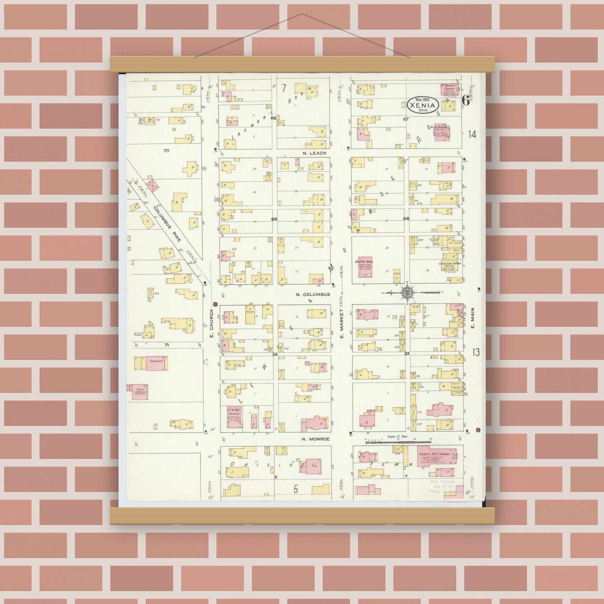 Old map wall art mockup — magnetic wood frame on brick wall — Sanborn Fire Insurance Map from Xenia, Greene County, Ohio (1910), Sheet #0006