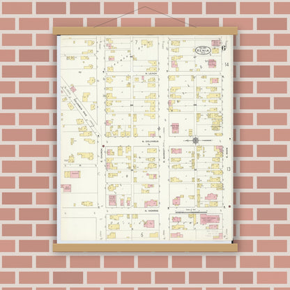 Old map wall art mockup — magnetic wood frame on brick wall — Sanborn Fire Insurance Map from Xenia, Greene County, Ohio (1910), Sheet #0006