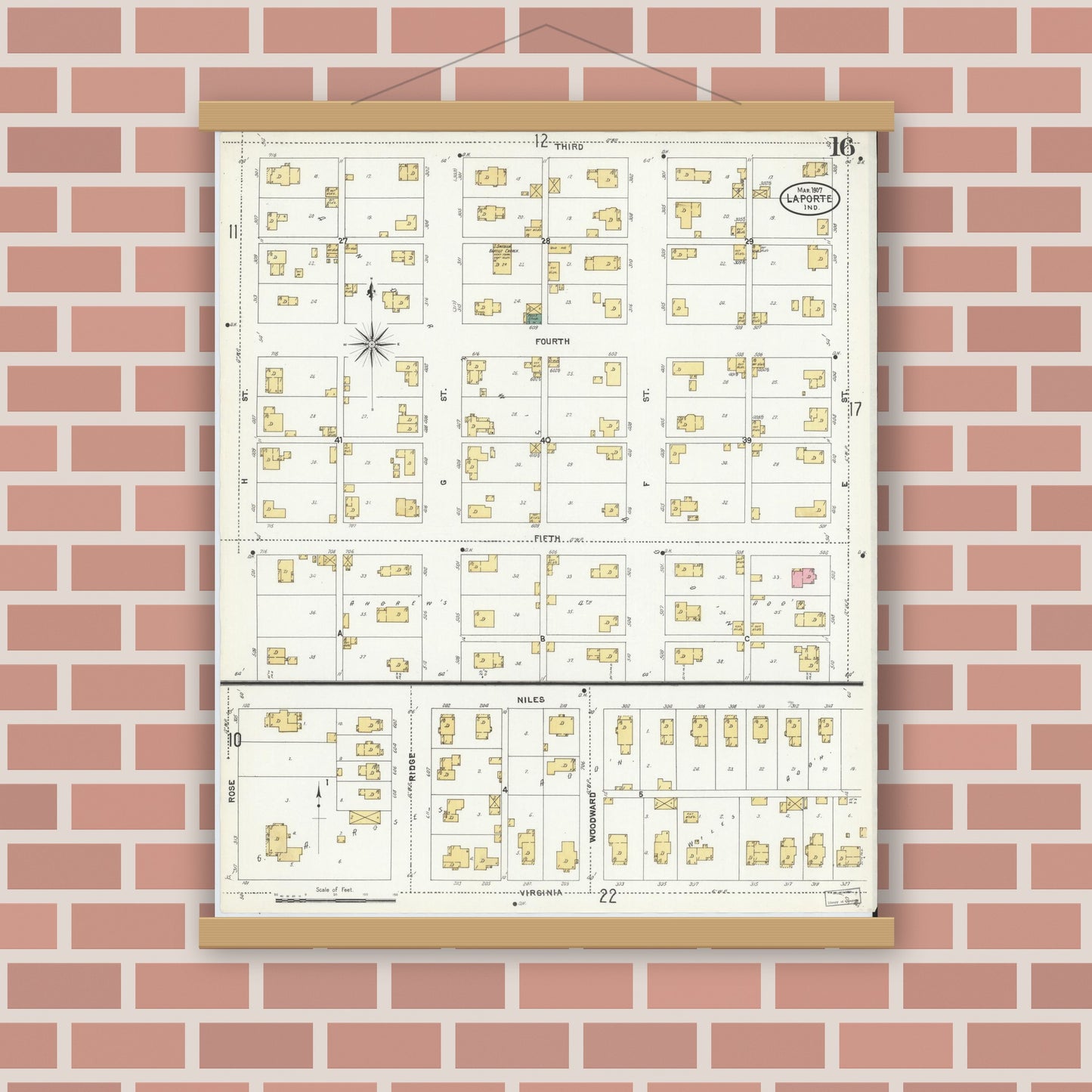 Old map wall art mockup — magnetic wood frame on brick wall — Sanborn Fire Insurance Map from La Porte, La Porte County, Indiana (1907), Sheet #0016