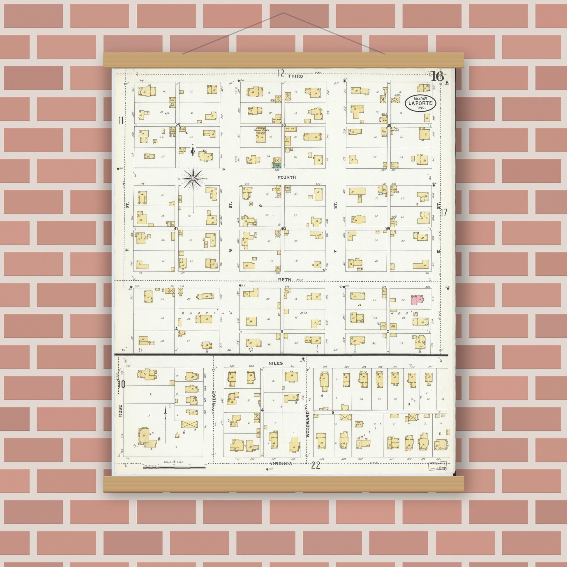 Old map wall art mockup — magnetic wood frame on brick wall — Sanborn Fire Insurance Map from La Porte, La Porte County, Indiana (1907), Sheet #0016