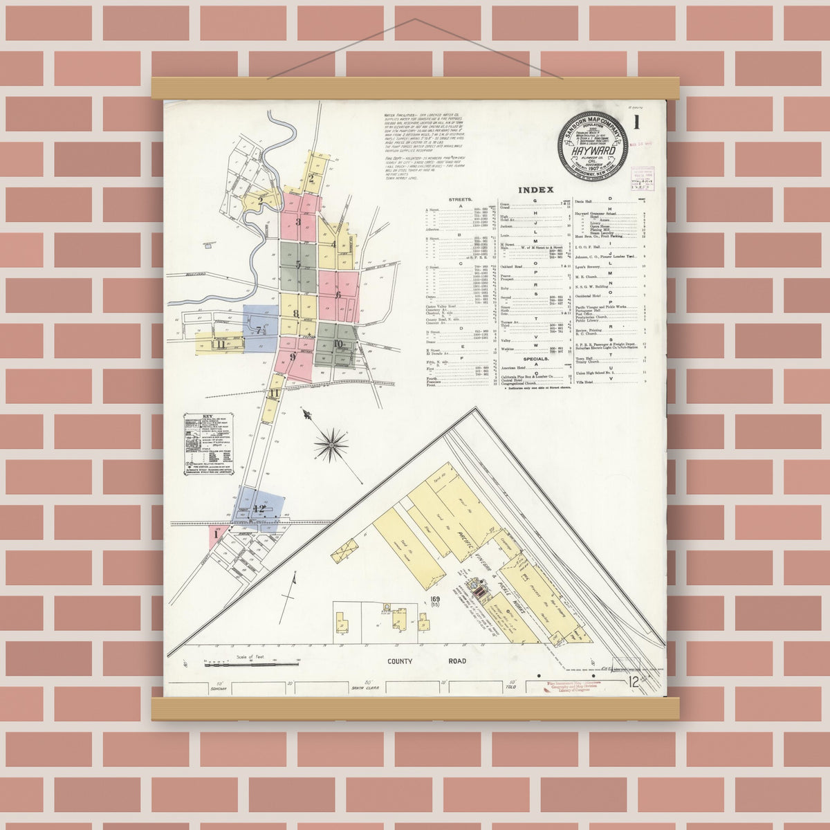 Old map wall art mockup — magnetic wood frame on brick wall — Sanborn Fire Insurance Map from Hayward, Alameda County, California (1907) - Complete Map Set