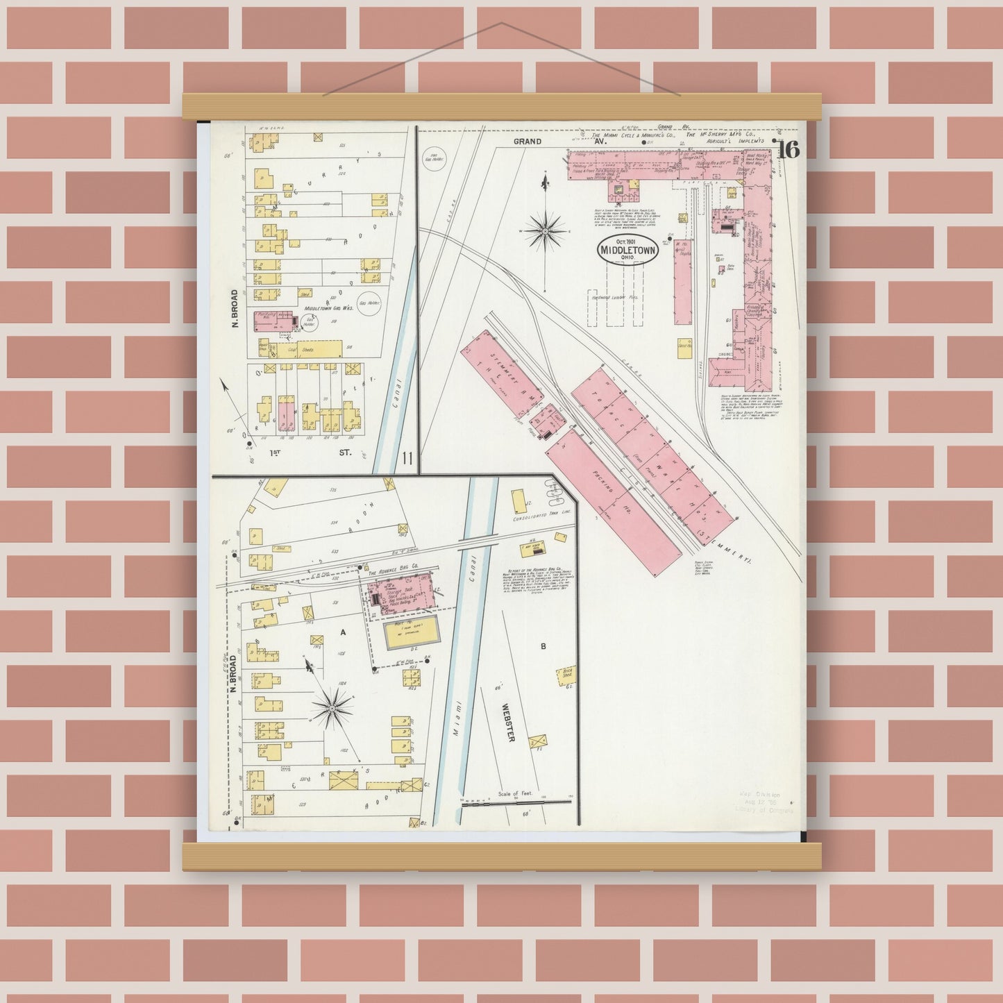 Old map wall art mockup — magnetic wood frame on brick wall — Sanborn Fire Insurance Map from Middletown, Butler County, Ohio (1901), Sheet #0016