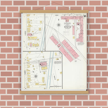 Old map wall art mockup — magnetic wood frame on brick wall — Sanborn Fire Insurance Map from Middletown, Butler County, Ohio (1901), Sheet #0016
