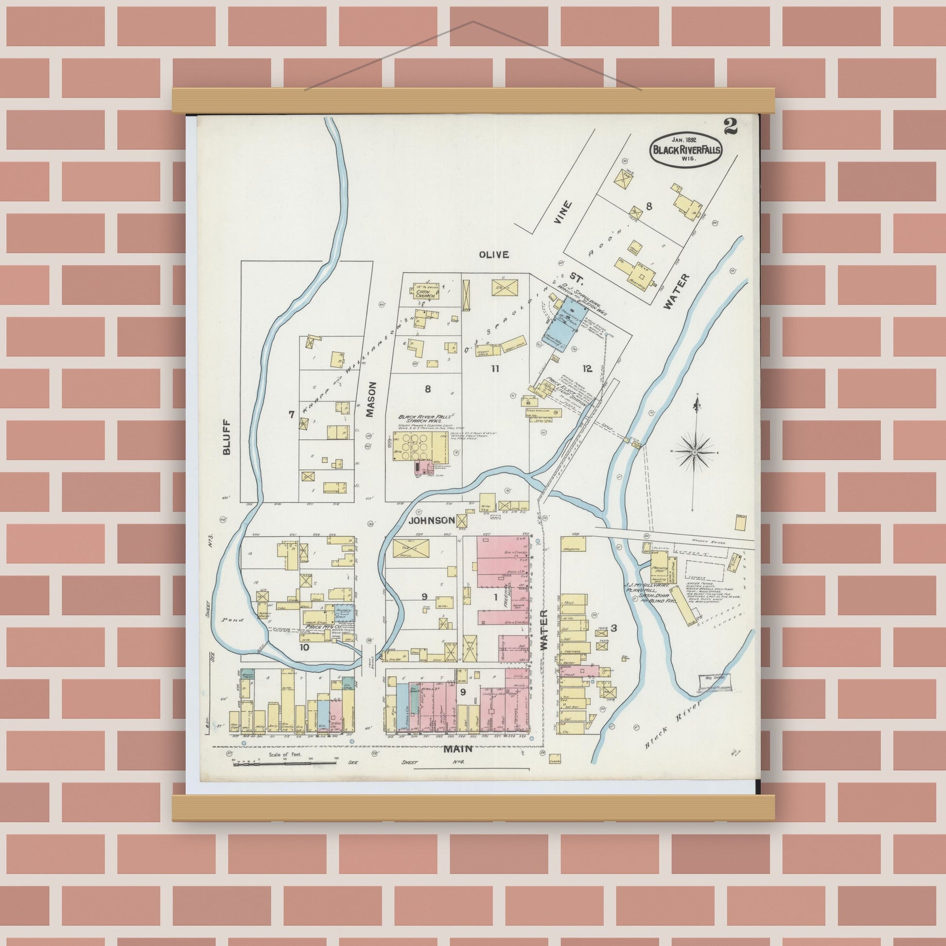 Old map wall art mockup — magnetic wood frame on brick wall — Sanborn Fire Insurance Map from Black River Falls, Jackson County, Wisconsin (1892), Sheet #0002