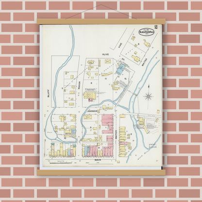 Old map wall art mockup — magnetic wood frame on brick wall — Sanborn Fire Insurance Map from Black River Falls, Jackson County, Wisconsin (1892), Sheet #0002