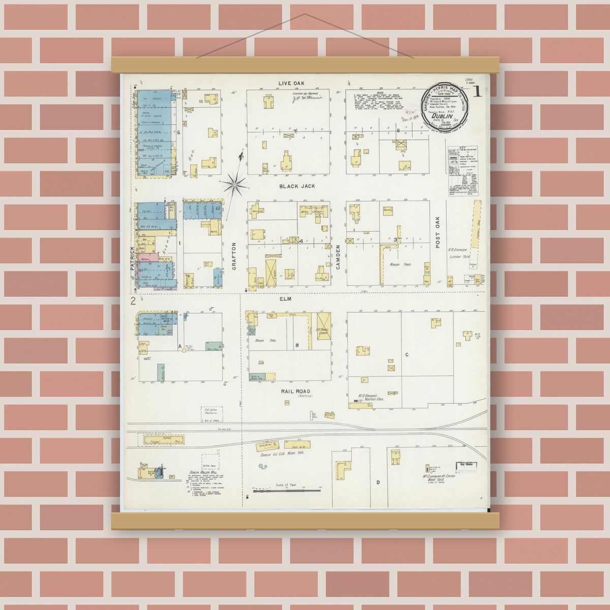 Old map wall art mockup — magnetic wood frame on brick wall — Sanborn Fire Insurance Map from Dublin, Erath County, Texas (1896), Sheet #0001