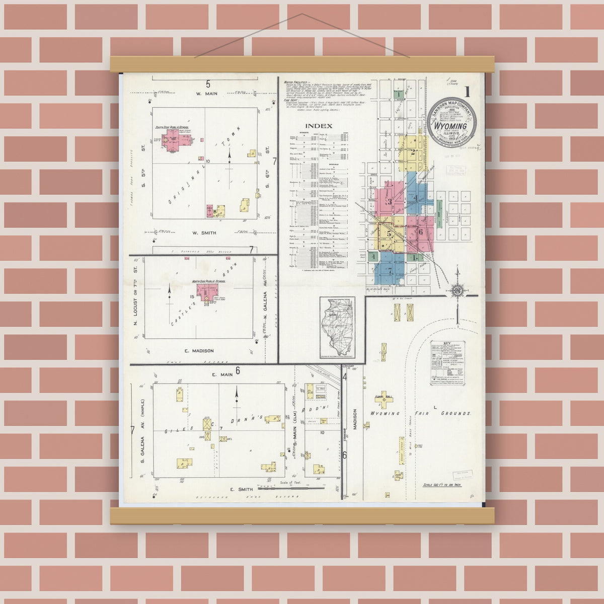 Old map wall art mockup — magnetic wood frame on brick wall — Sanborn Fire Insurance Map from Wyoming, Stark County, Illinois (1913) - Complete Map Set