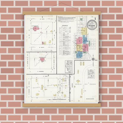 Old map wall art mockup — magnetic wood frame on brick wall — Sanborn Fire Insurance Map from Wyoming, Stark County, Illinois (1913) - Complete Map Set