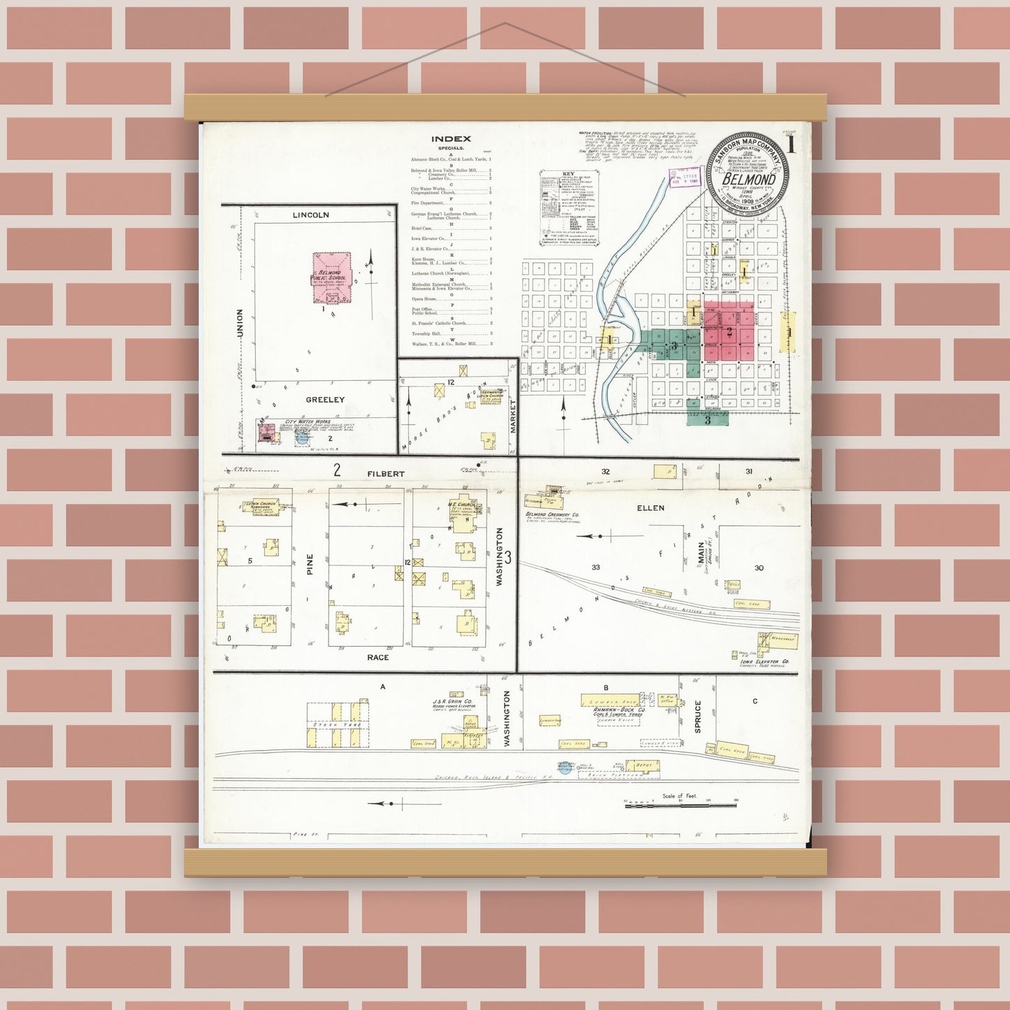 Old map wall art mockup — magnetic wood frame on brick wall — Sanborn Fire Insurance Map from Belmond, Wright County, Iowa (1909), Sheet #0001