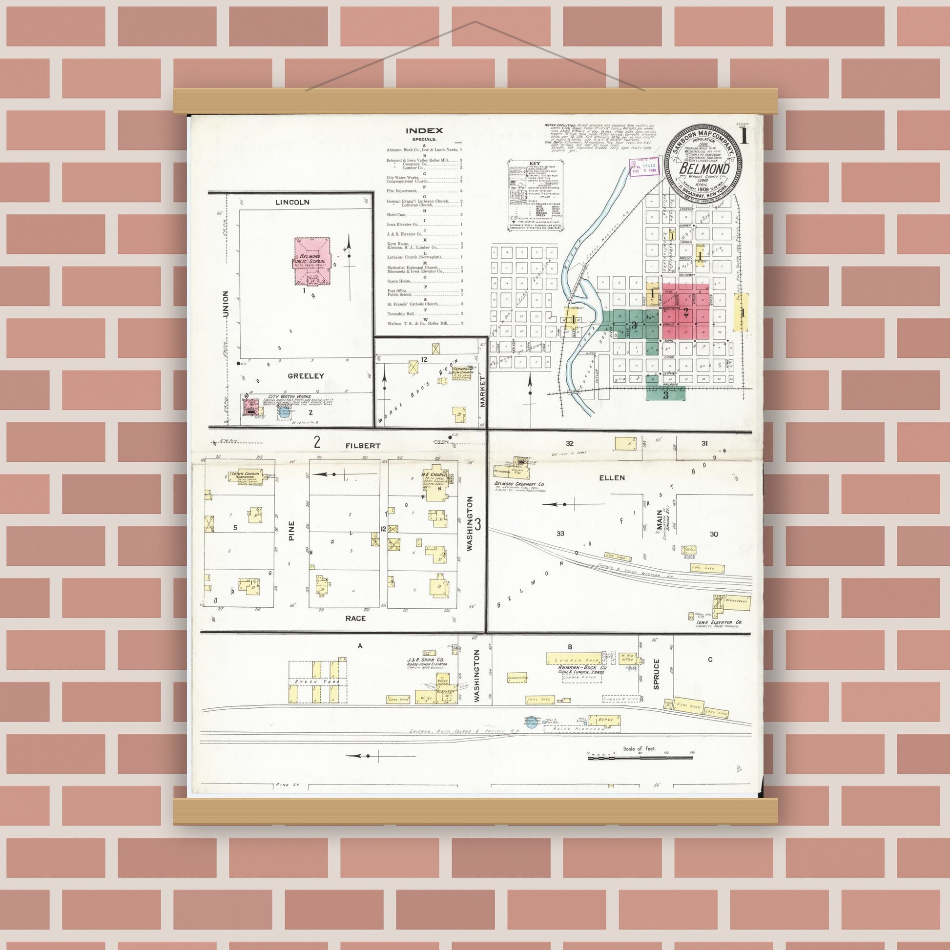 Old map wall art mockup — magnetic wood frame on brick wall — Sanborn Fire Insurance Map from Belmond, Wright County, Iowa (1909), Sheet #0001