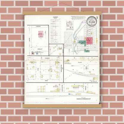 Old map wall art mockup — magnetic wood frame on brick wall — Sanborn Fire Insurance Map from Belmond, Wright County, Iowa (1909), Sheet #0001