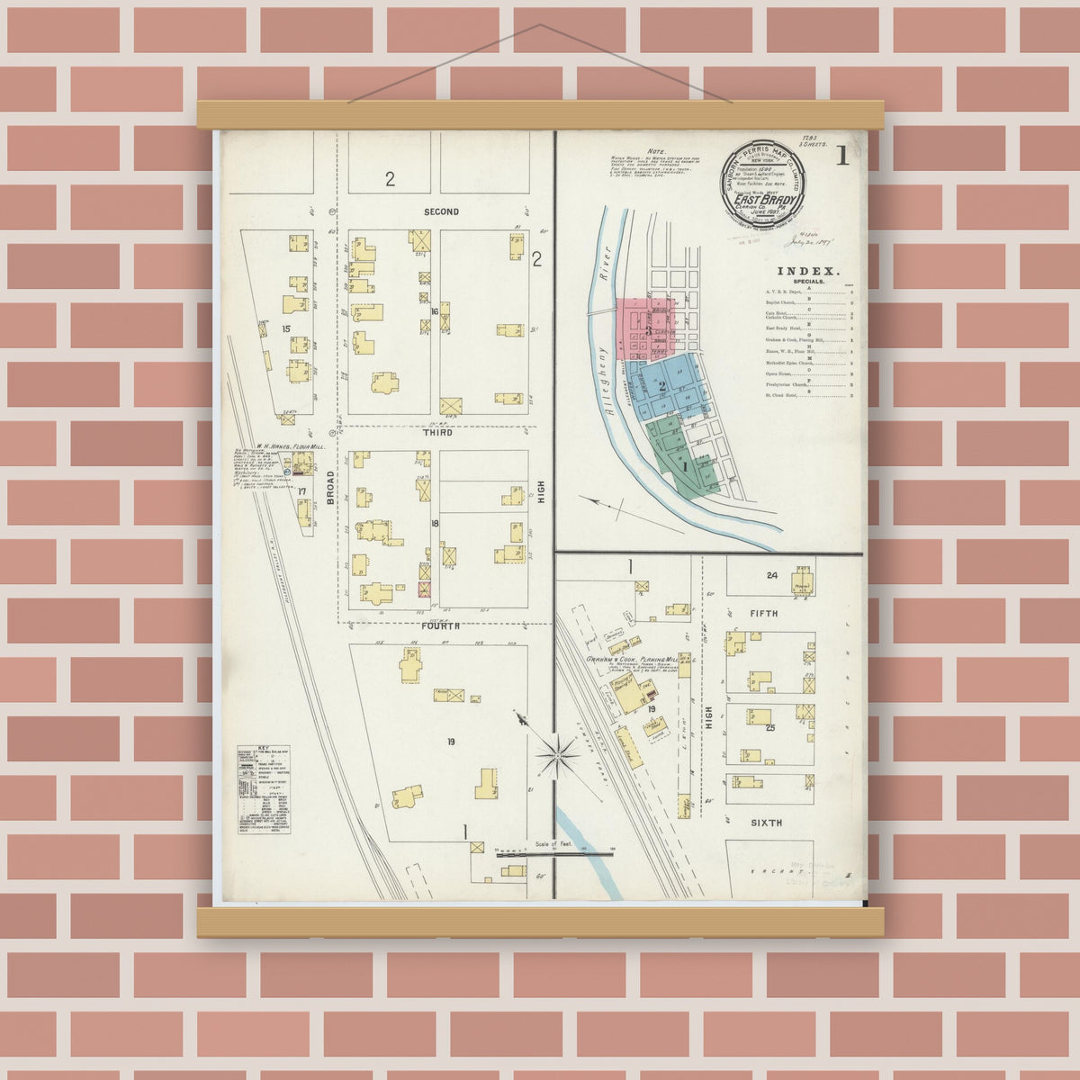 Old map wall art mockup — magnetic wood frame on brick wall — Sanborn Fire Insurance Map from East Brady, Clarion County, Pennsylvania (1897), Sheet #0001