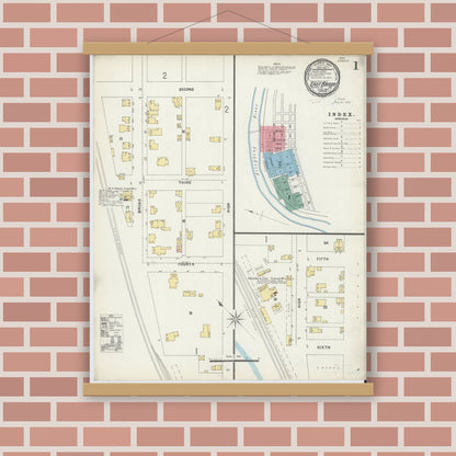 Old map wall art mockup — magnetic wood frame on brick wall — Sanborn Fire Insurance Map from East Brady, Clarion County, Pennsylvania (1897), Sheet #0001