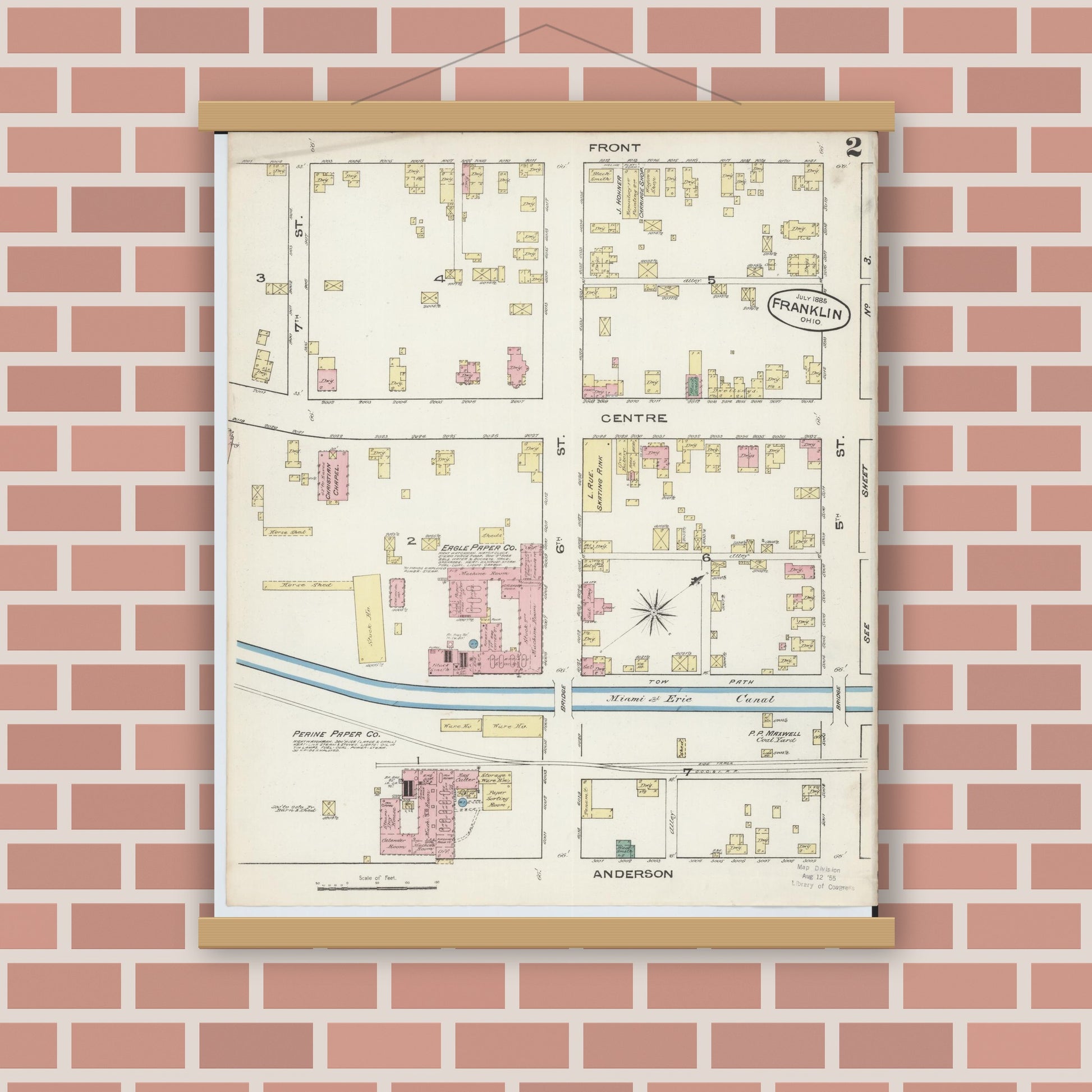 Old map wall art mockup — magnetic wood frame on brick wall — Sanborn Fire Insurance Map from Franklin, Warren County, Ohio (1885), Sheet #0002