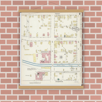 Old map wall art mockup — magnetic wood frame on brick wall — Sanborn Fire Insurance Map from Franklin, Warren County, Ohio (1885), Sheet #0002