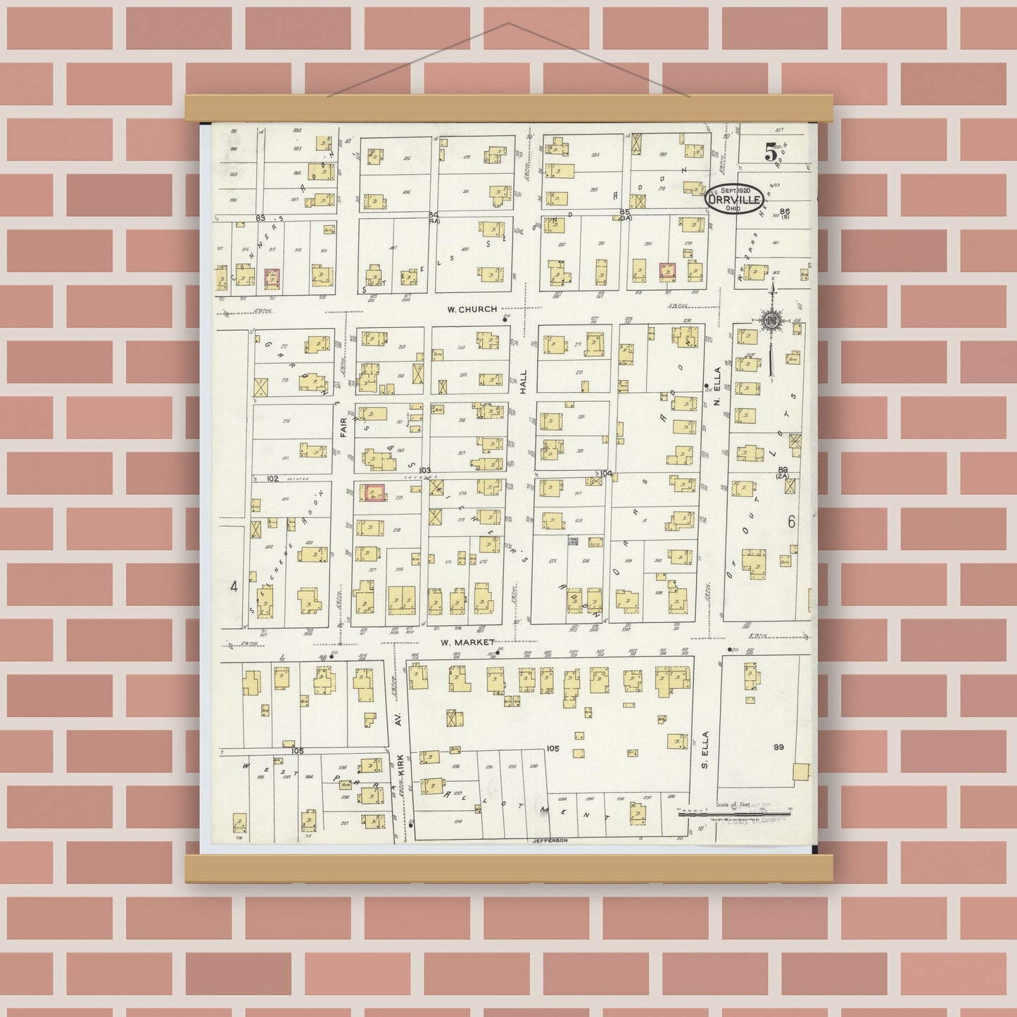 Old map wall art mockup — magnetic wood frame on brick wall — Sanborn Fire Insurance Map from Orrville, Wayne County, Ohio (1920), Sheet #0005