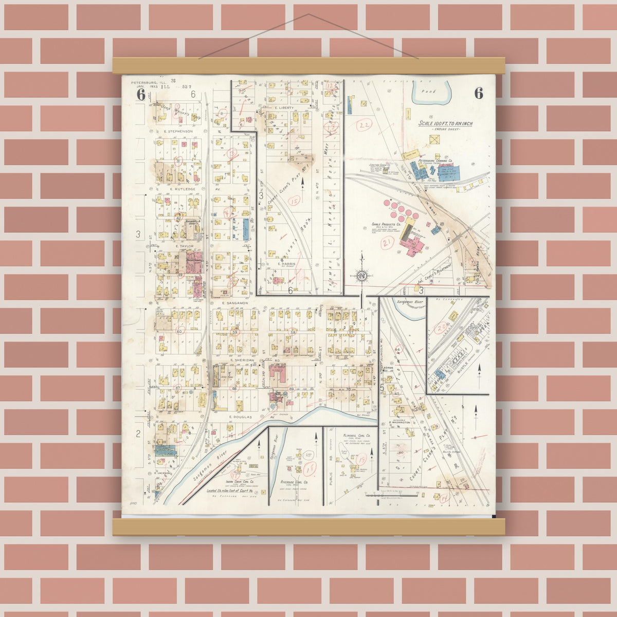 Old map wall art mockup — magnetic wood frame on brick wall — Sanborn Fire Insurance Map from Petersburg, Menard County, Illinois (1943), Sheet #0006
